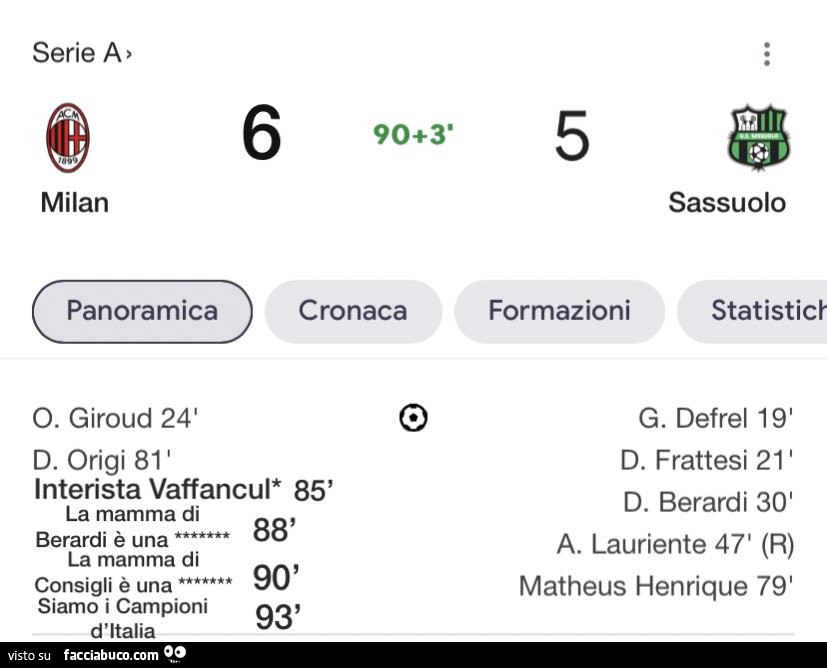 Milan 6 Sassuolo 5. Segnano interista vaffanculo