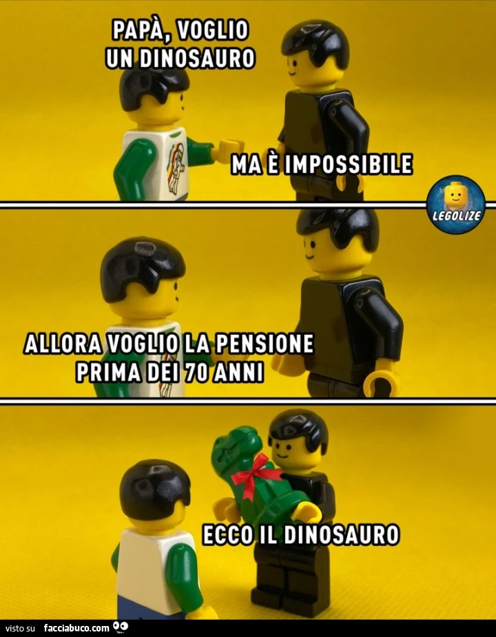 Papà, voglio un dinosauro. Ma è impossibile. Allora voglio la pensione prima dei 70 anni. Ecco il dinosauro