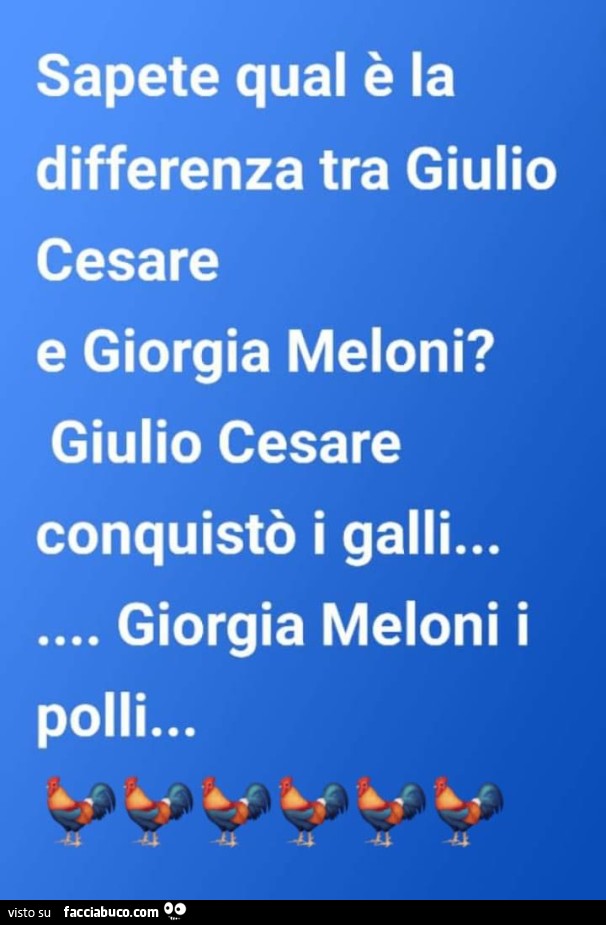 Sapete qual è la differenza tra Giulio Cesare e Giorgia Meloni? Giulio cesare conquistò i galli… Giorgia Meloni i polli