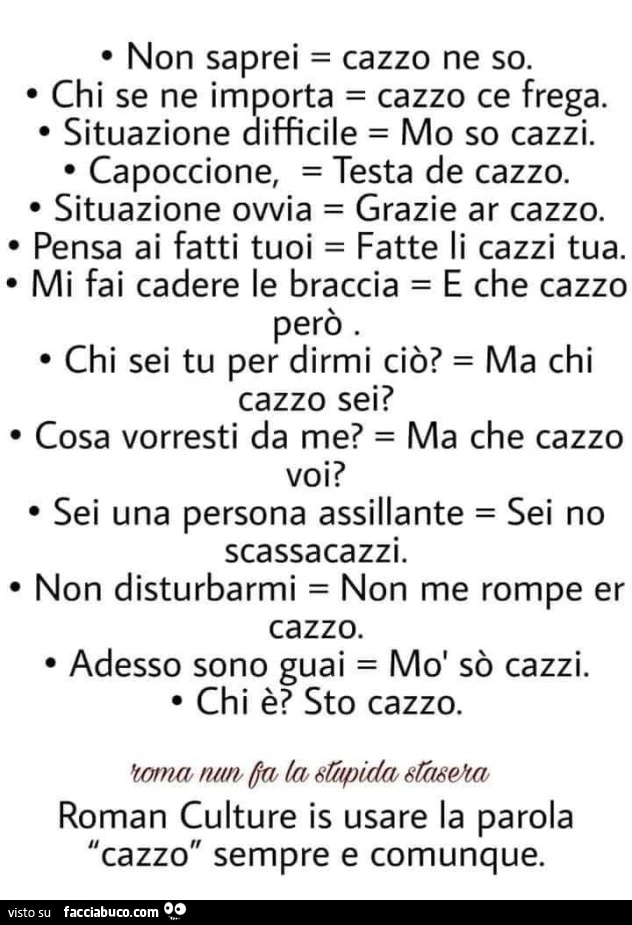 Non saprei: cazzo ne so. Chi se ne importa: cazzo ce frega. Situazione difficile: mo so cazzi