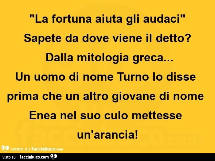 La fortuna aiuta gli audaci sapete da dove viene il detto? Dalla mitologia greca&hellip; un uomo di nome turno lo disse prima che un altro giovane di nome enea nel suo culo mettesse un'arancia