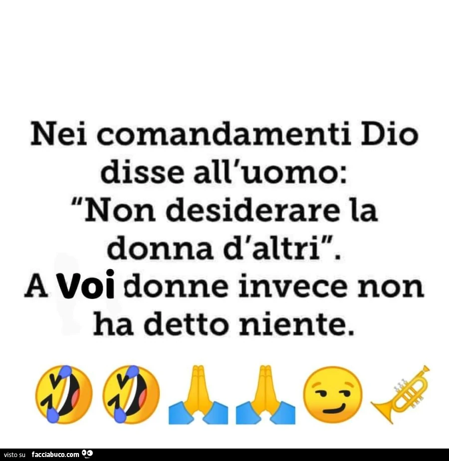 Nei comandamenti dio disse all'uomo: non desiderare la donna d'altri. A voi donne invece non ha detto niente