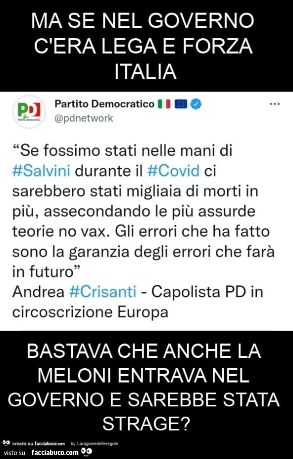 Ma se nel governo c'era lega e forza italia bastava che anche la meloni entrava nel governo e sarebbe stata strage?