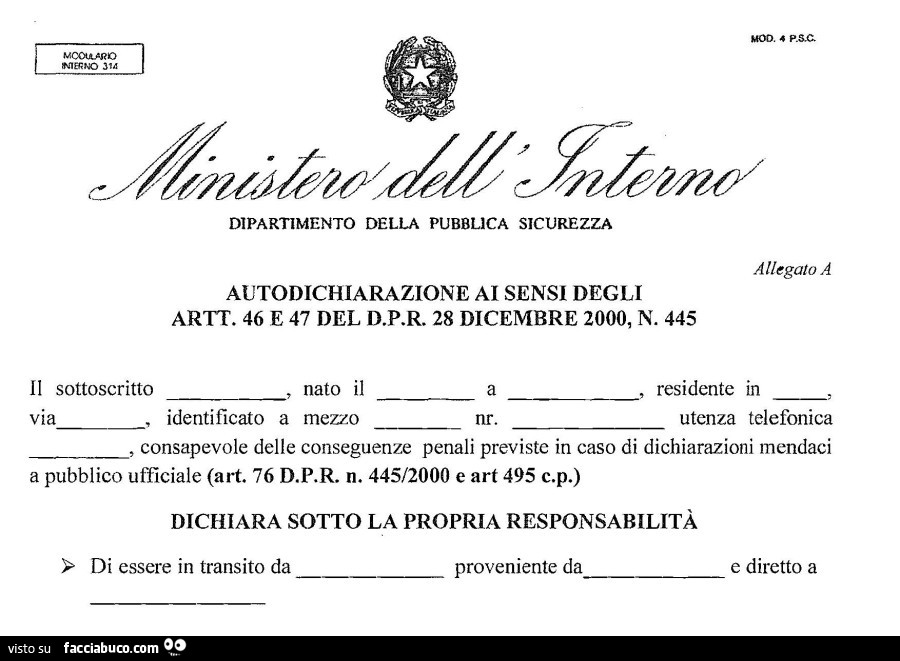 Autodichiarazione ai sensi