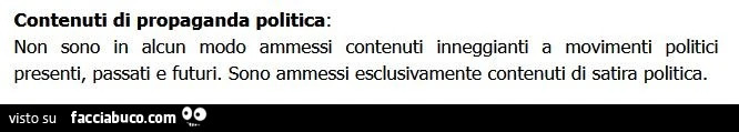 Contenuti di propaganda politica: non sono in alcun modo ammessi contenuti inneggianti a movimenti politici presenti, passati e futuri. Sono ammessi esclusivamente contenuti di satira politica
