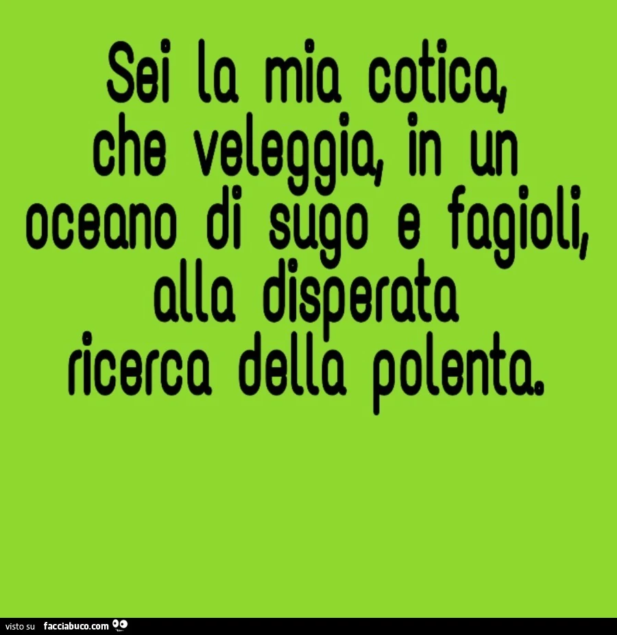 Sei la mia cotica che veleggia in un oceano di sugo e fagioli alla disperata ricerca della polenta