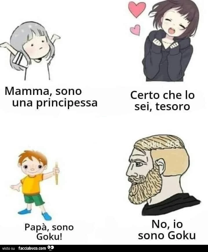Mamma, sono una principessa. Certo che lo sei tesoro. Papà, sono goku! No, io sono goku