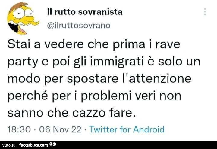 Stai a vedere che prima i rave party e poi gli immigrati è solo un modo per spostare l'attenzione perché per i problemi veri non sanno che cazzo fare
