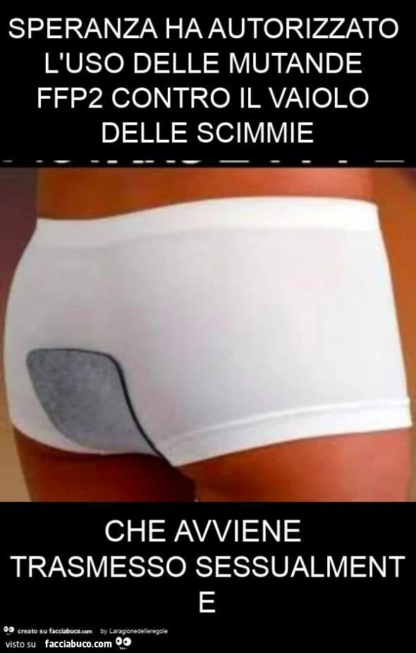 Speranza ha autorizzato l'uso delle mutande ffp2 contro il vaiolo delle scimmie che avviene trasmesso sessualmente