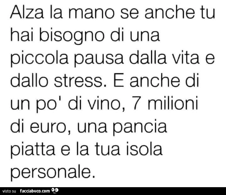 Alza la mano se anche tu hai bisogno di una piccola pausa dalla vita e dallo stress. E anche di un po' di vino, 7 milioni di euro, una pancia piatta e la tua isola personale