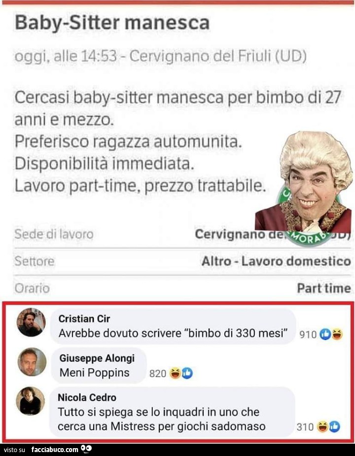 Baby sitter manesca. Avrebbe dovuto scrivere bimbo di 330 mesi