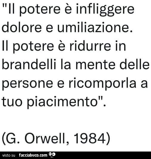 Il potere è infliggere dolore e umiliazione. Il potere è ridurre in brandelli la mente delle persone e ricomporla a tuo piacimento. G. Orwell, 1984