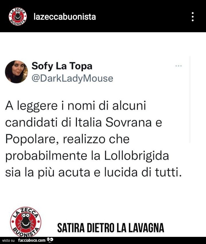 A leggere i nomi di alcuni candidati di italia sovrana e popolare, realizzo che probabilmente la lollobrigida sia la più acuta e lucida di tutti