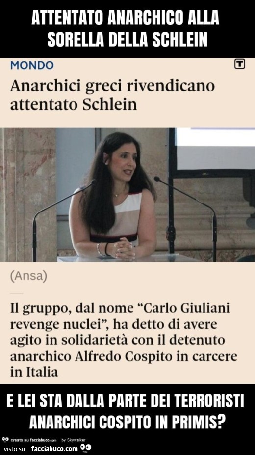 Attentato anarchico alla sorella della schlein e lei sta dalla parte dei terroristi anarchici cospito in primis?