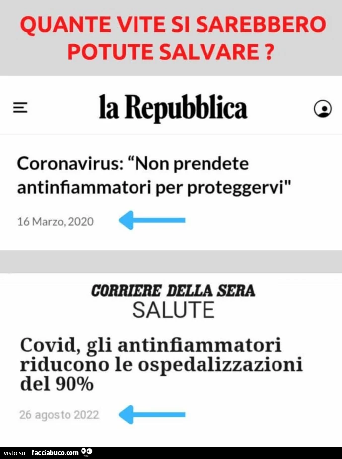 Quante vite si sarebbero potute salvare? 2020 coronavirus: non prendete antinfiammatori per proteggervi. 2022 covid, gli antinfiammatori riducono le ospedalizzazioni