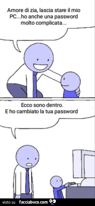 Amore di zia, lascia stare il mio pc… ho anche una password molto complicata… ecco sono dentro. E ho cambiato la tua password