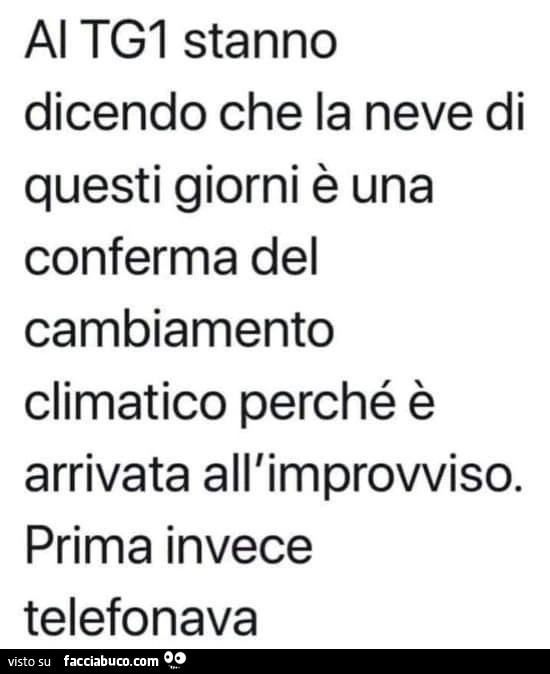 Al tg1 stanno dicendo che la neve di questi giorni è una conferma del cambiamento climatico perché è arrivata all'improvviso. Prima invece telefonava