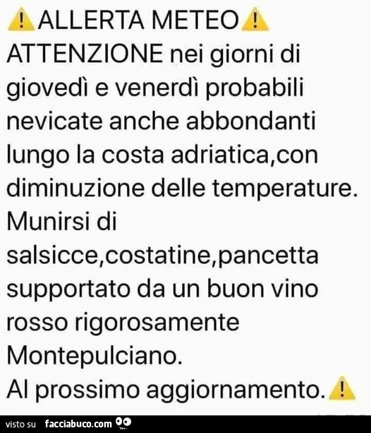 Allerta meteo attenzione nei giorni di giovedì e venerdì probabili nevicate anche abbondanti lungo la costa adriatica, con diminuzione delle temperature