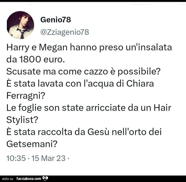 Harry e Megan hanno preso un'insalata da 1800 euro. Scusate ma come cazzo è possibile? E stata lavata con l'acqua di chiara ferragni? Le foglie son state arricciate da un hair stylist?