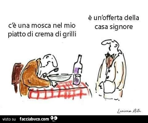 C'è una mosca nel mio piatto di crema di grilli. È Un'offerta della casa signore