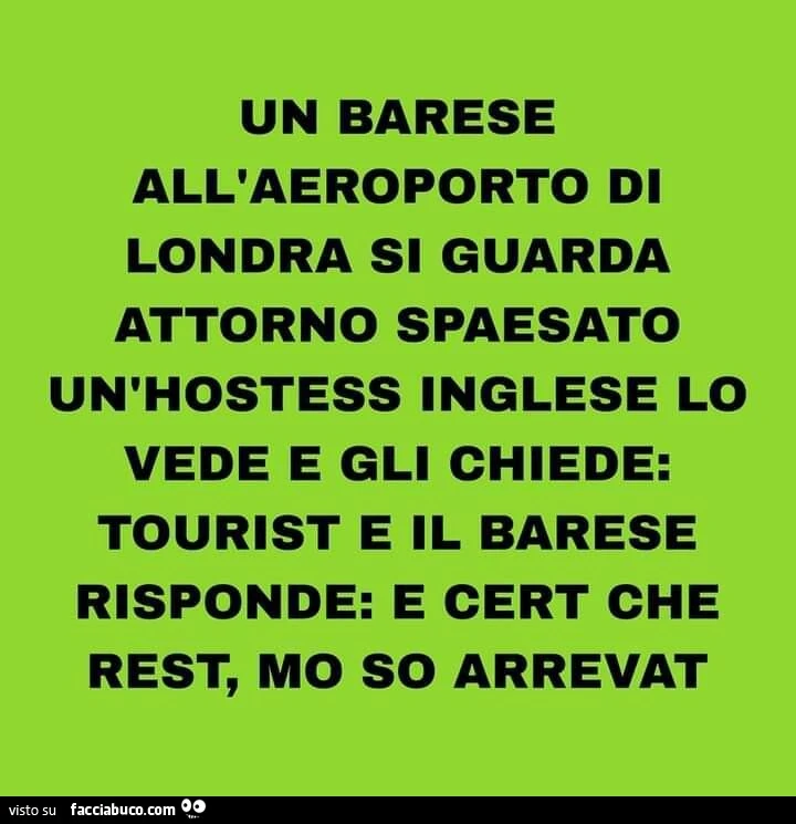 Un barese all'aeroporto di londra si guarda attorno spaesato un'hostess inglese lo vede e gli chiede: tourist e il barese risponde: e cert che rest, mo so arrevat