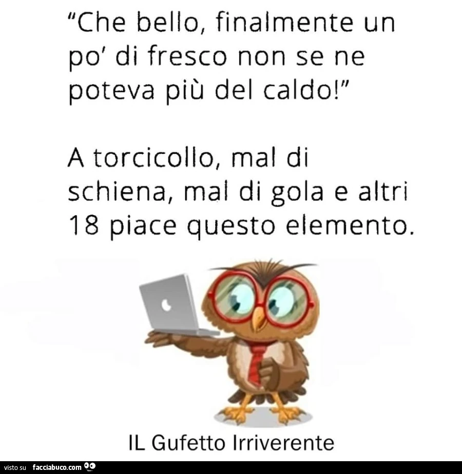 Che bello, finalmente un po' di fresco non se ne poteva piรน del caldo! A torcicollo, mal di schiena, mal di gola e altri 18 piace questo elemento