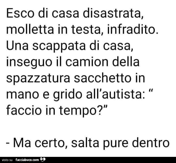 Esco di casa disastrata, molletta in testa, infradito. Una scappata di casa, inseguo il camion della spazzatura sacchetto in mano e grido all'autista: faccio in tempo? Ma certo, salta pure dentro