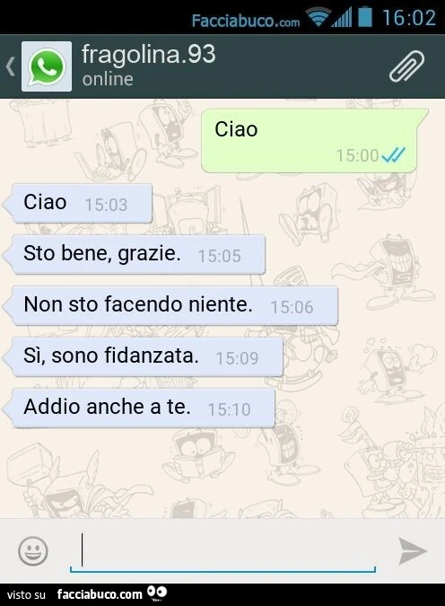 Ciao. Ciao. Sto bene, grazie. Non sto facendo niente. Sì, sono fidanzata. Addio anche a te