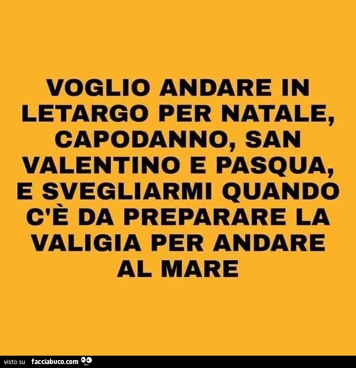 Voglio andare in letargo per natale, capodanno, san valentino e pasqua, e svegliarmi quando c'è da preparare la valigia per andare al mare