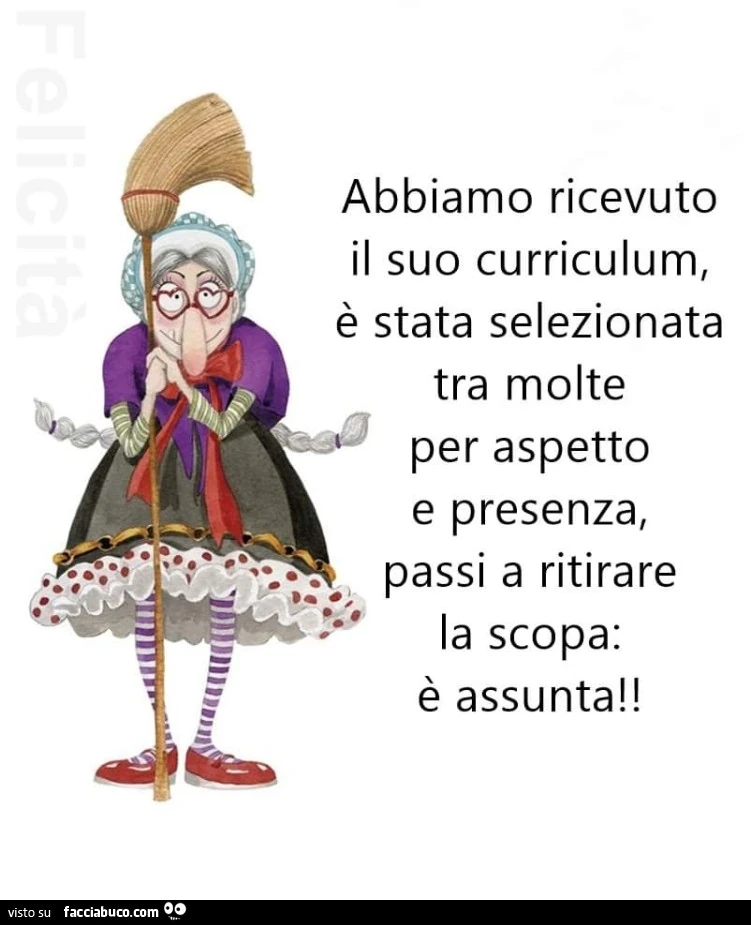 Abbiamo ricevuto il suo curriculum, è stata selezionata tra molte per aspetto e presenza, passi a ritirare la scopa: è assunta