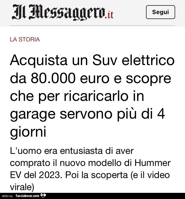 Acquista un suv elettrico da 80.000 euro e scopre che per ricaricarlo in garage servono più di 4 giorni