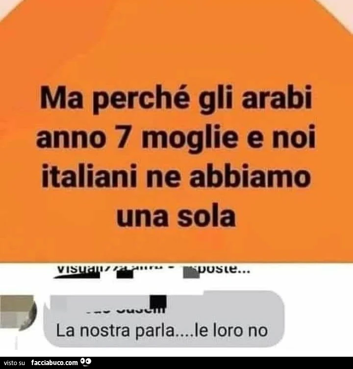 Ma perché gli arabi anno 7 moglie e noi italiani ne abbiamo una sola&hellip; la nostra parla&hellip; le loro no