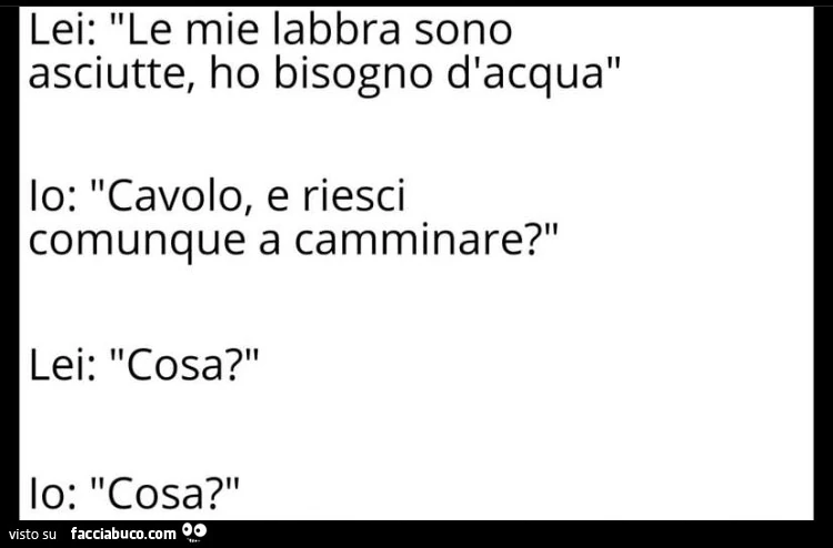 Lei: le mie labbra sono asciutte, ho bisogno d'acqua. Lo: cavolo, e riesci comunque a camminare? Lei: cosa? Io: cosa?