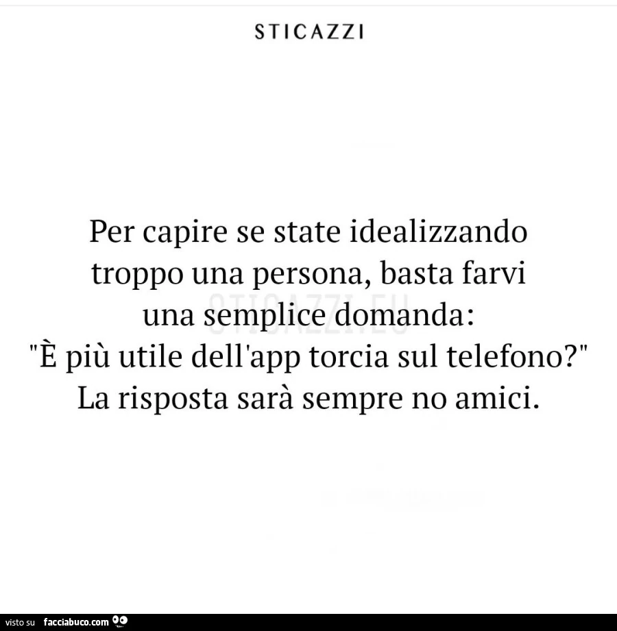 Per capire se state idealizzando troppo una persona, basta farvi una semplice domanda: è più utile dell'app torcia sul telefono? La risposta sarà sempre no amici