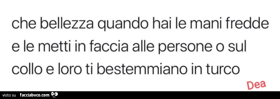 Che bellezza quando hai le mani fredde e le metti in faccia alle persone o sul collo e loro ti bestemmiano in turco