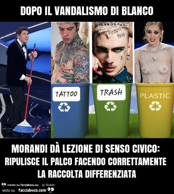Dopo il vandalismo di blanco morandi dà lezione di senso civico: ripulisce il palco facendo correttamente la raccolta differenziata