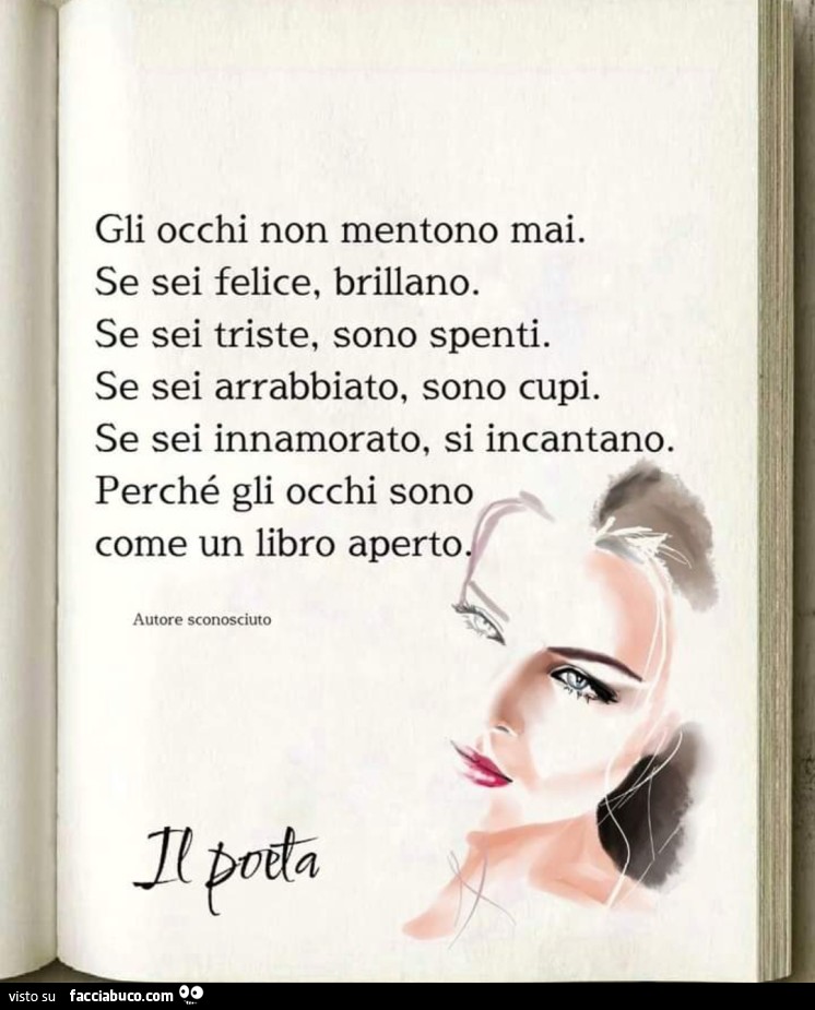 Gli occhi non mentono mai. Se sei felice, brillano. Se sei triste, sono spenti. Se sei arrabbiato, sono cupi. Se sei innamorato, si incantano. Perché gli occhi sono come un libro aperto autore sconosciuto