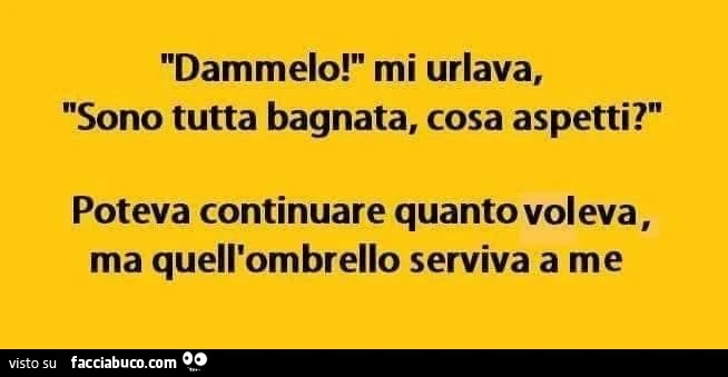 Dammelo! Mi urlava. Sono tutta bagnata, cosa aspetti? Poteva continuare quanto voleva, ma quell'ombrello serviva a me
