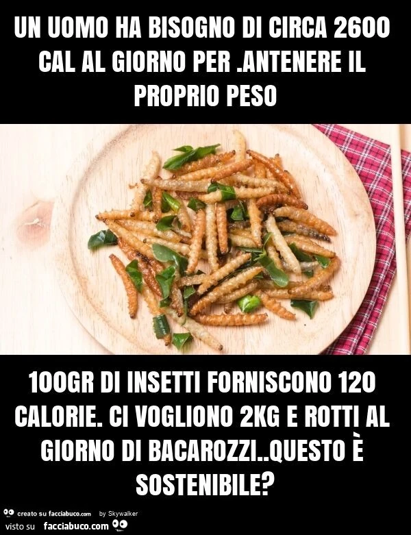 Un uomo ha bisogno di circa 2600 cal al giorno per. Antenere il proprio peso 100gr di insetti forniscono 120 calorie. Ci vogliono 2kg e rotti al giorno di bacarozzi. Questo è sostenibile?