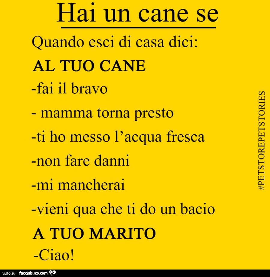 Hai un cane se quando esci di casa dici: al tuo cane fai il bravo mamma torna presto ti ho messo l'acqua fresca non fare danni mi mancherai vieni qua che ti do un bacio a tuo marito ciao