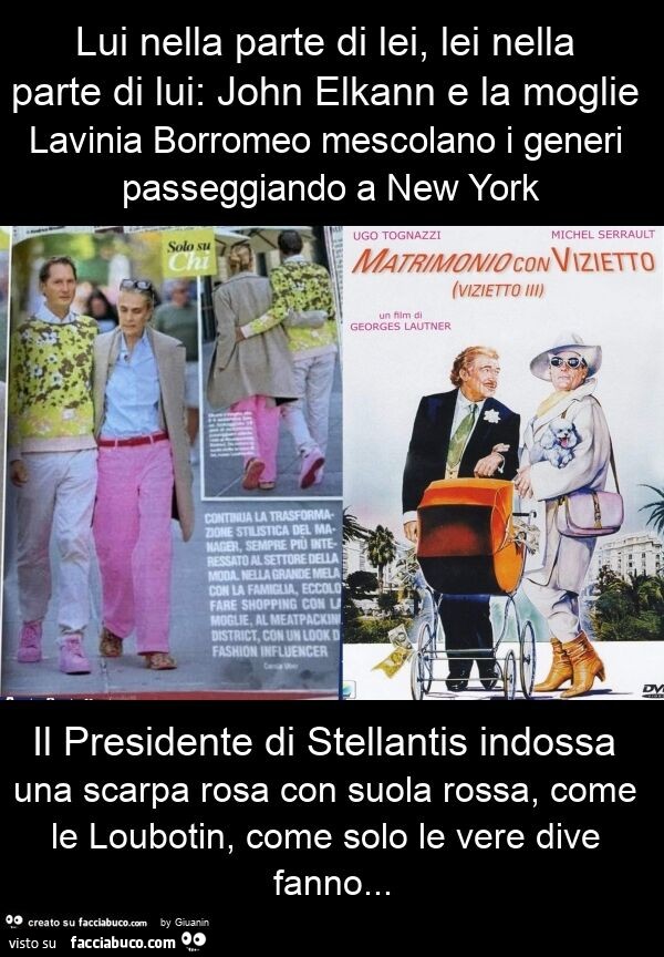 Lui nella parte di lei, lei nella parte di lui: john elkann e la moglie lavinia borromeo mescolano i generi passeggiando a new york il presidente di stellantis indossa una scarpa rosa con suola rossa, come le loubotin, come solo le vere dive fanno