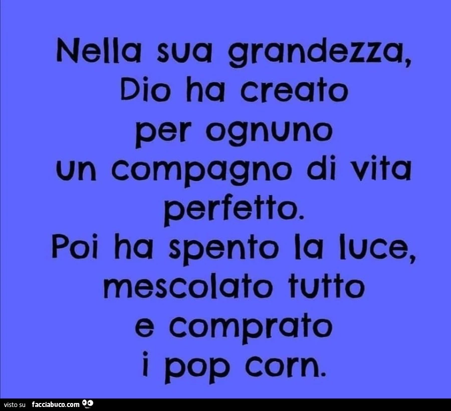 Nella sua grandezza, dio ha creato per ognuno un compagno di vita perfetto. Poi ha spento la luce, mescolato tutto e comprato i pop corn