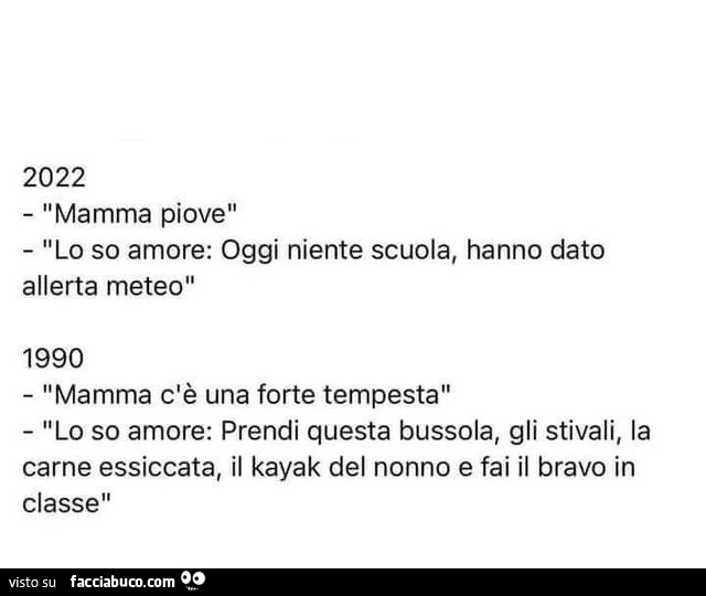 2022 mamma piove. Lo so amore: oggi niente scuola, hanno dato allerta meteo. 1990 mamma c'è una forte tempesta lo so amore: prendi questa bussola, gli stivali, la carne essiccata, il kayak del nonno