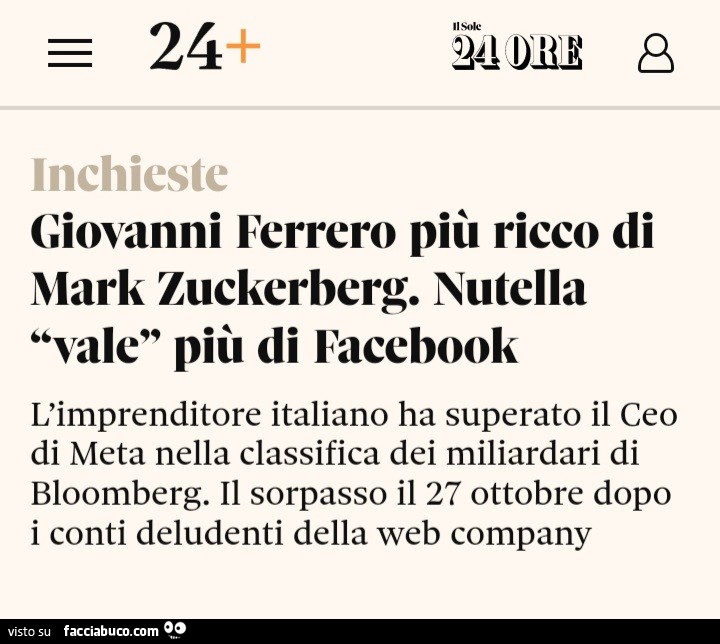 Giovanni Ferrero più ricco di Mark Zuckerberg. Nutella vale più di Facebook