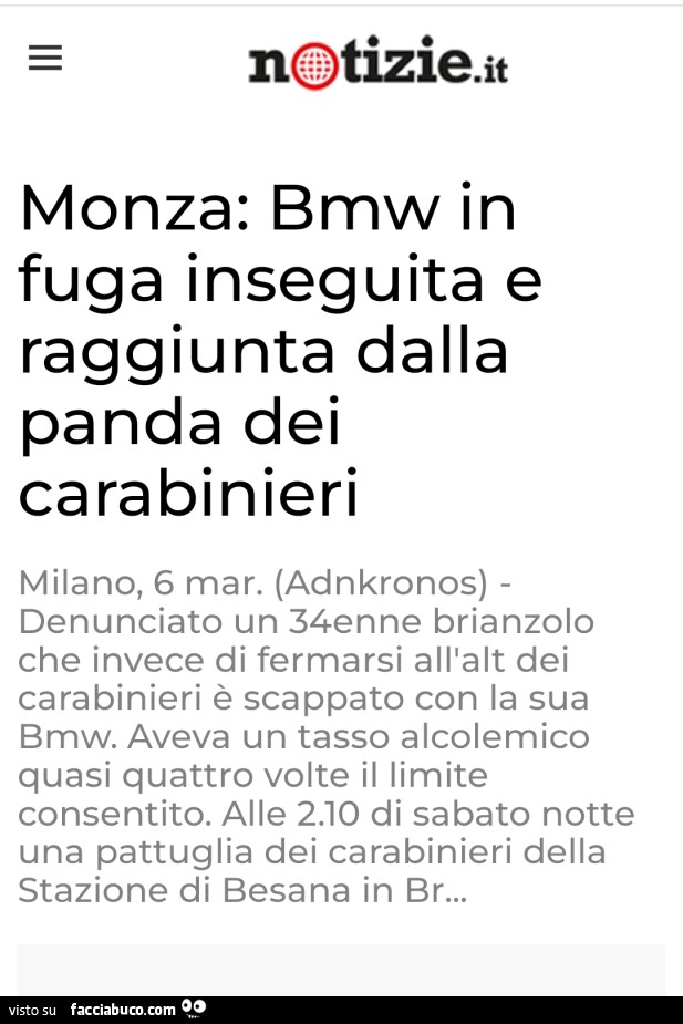 Monza: bmw in fuga inseguita e raggiunta dalla panda dei carabinieri