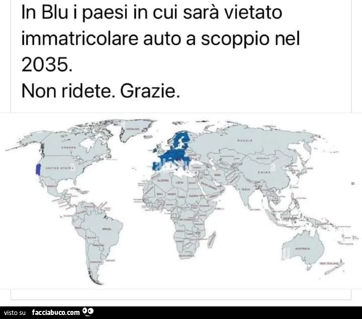 In blu i paesi in cui sarà vietato immatricolare auto a scoppio nel 2035. Non ridete. Grazie