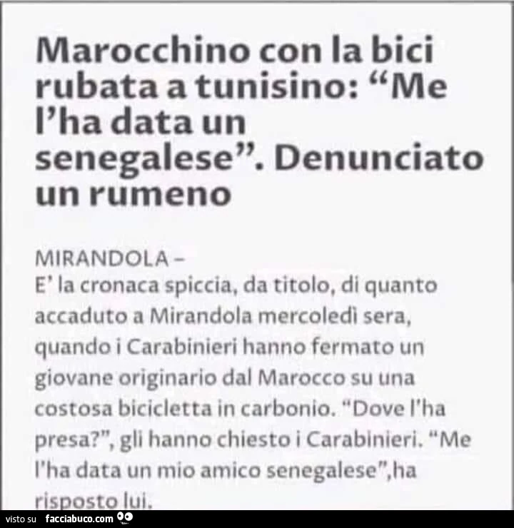 Marocchino con la bici rubata a tunisino: me l'ha data un senegalese. Denunciato un rumeno