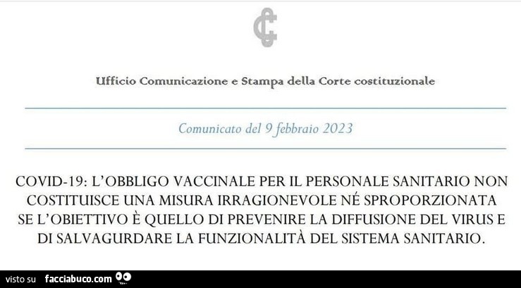 L'obbligo vaccinale per il personale sanitario non costituisce una misura irragionevole né sproporzionata se l'obiettivo è quello di prevenire la diffusione del virus e di salvaguardare la funzionalità del sistema sanitario