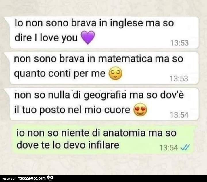 Io non sono brava in inglese ma so dire i love you. Io non so niente di anatomia ma so dove te lo devo infilare