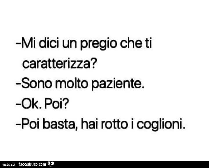 Mi dici un pregio che ti caratterizza? Sono molto paziente. Ok. Poi? Poi basta, hai rotto i coglioni